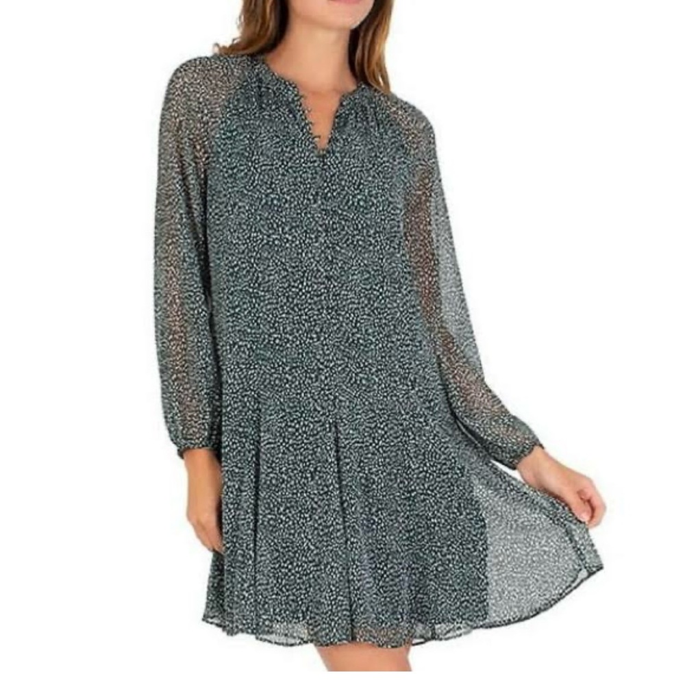 Joie Womens Chiffon Green Fleck Long Puff Sleeve Front Button Dress Medium